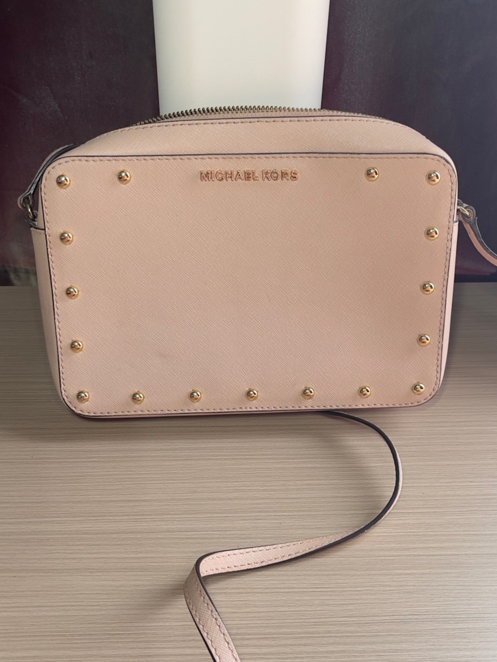 Michael Kors Pale Pink Saffiano Leather Studded Crossbody Bag